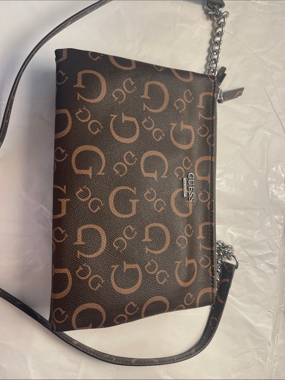 GUESS Brown Logo Monogram Crossbody with Silver Chain